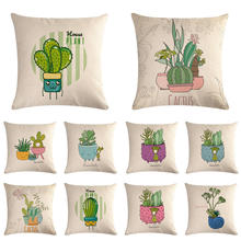 Capa de almofada decorativa para casa 45cm * 45cm, cactus em vaso estampado flores, linho/algodão, capa de almofada, sofá 2024 - compre barato