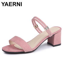 YAERNI2019-Sandalias de tacón cuadrado para mujer, zapatos informales aterciopelados de alta calidad, zapatos poco profundos de verano, cómodos, E985 2024 - compra barato