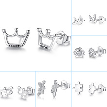 Pendientes pequeños de plata esterlina 925 para mujer y niña, aretes de tuerca de animales, rompecabezas de corona con CZ, joyería con estilo 2024 - compra barato