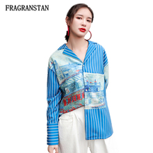 Spring New Turn Down Collar Long Sleeve Women Shirts Vintage Fashion Striped Print Blue Blouse Female Casual Loose Tops JQ536 2024 - buy cheap