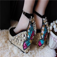 Summer New Luxury Straw Butterfly Sequins Beaded Wedge Fish Mouth Rhinestone Sandals Banquet Dress High Heel Fashion Women Sanda 2024 - buy cheap