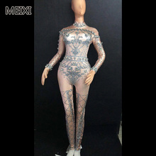 Sparkly allure silver sexy grid glass diamond rhinestone jumpsuit bar party party concert singer dancer costume 2024 - buy cheap