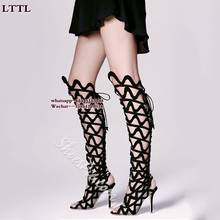 Gorgeous ladies black suede over the knee long sandals cutout high heel shoes cross strappy lace up boots for summer 2024 - buy cheap