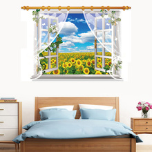 Adesivo de parede para janela, céu azul, girassol, material pvc, poster de parede 3d, para sala de estar, sofá, plano de fundo, decoração de casa 2024 - compre barato