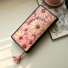 Handmade Daisies Wallets Original Design Carving Flower Purses Women Long Clutch Vegetable Tanned Leather Wallet Gift 2024 - buy cheap
