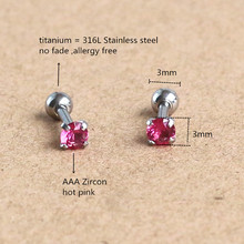 Titanium  Screw Stud Earrings With 3mm Hot Pink AAA Zircon 316L Stainless Steel No Fade No Allergy 2024 - buy cheap