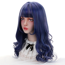 Peruca de cosplay longa e ondulada com franja de cabelo azul, 22 polegadas, sintética, moda japonesa, resistente ao calor, para mulheres 2024 - compre barato