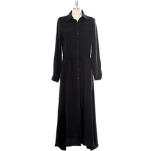 Vestido feminino da moda 2020, vestido longo preto com bolsos de manga comprida e gola aberta, vestido casual com fenda, roupa feminina 2024 - compre barato