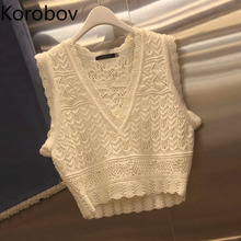 Korobov Summer New Korean Hollow Out Tank Top V Neck Knit Short Camis Sleeveless Vest Boho White Crop Top Women Clothing 77880 2024 - buy cheap