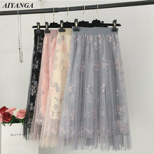 New Embroidery Mesh Skirts Women 2019 Spring Summer Lace Skirt For Women Medium long Style Chic Sweet A-Line Skirts Female 2024 - buy cheap