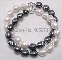 Wholesale Pearl Jewelry AA 9-10MM White Black Rice Natural Freshwater Pearl Bracelet 8inch 2Rows Lady's Style New Free Shipping 2024 - buy cheap