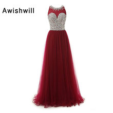 Real Photo Sleeveless Floor Length Beaded Rhinestone Tulle Customized Long Prom Dress for Party Fashion Evening Dresses Burgundy 2024 - buy cheap
