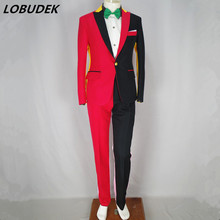 Male Irregular Red Black Blazers Pants Suits Nightclub Magician Clown Performance Costume Nightclub DJ Host Hip Hop Stage Outfit 2024 - buy cheap