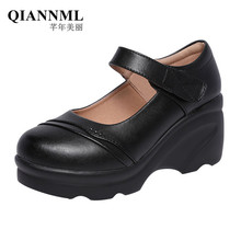 Black Round Head Wedges Shoes for Women 2022 Autumn Leather Pumps Platform Shoes Woman High Heel Casual Dance Work Shoe 2024 - buy cheap