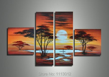 Africa Abstract Yellow Sunset Lake Oil Painting Hand Painted 4 Panel Arts Set Home Decor Modern Wall Picture For Living Room 2024 - buy cheap