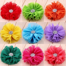 120pcs/lot 3" 16colors Hair Clips Frayed Chiffon Flower With Snow Rhinestone Button Fluffy Fabric Flowers For Headbands DIY 2024 - buy cheap