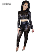 Top corto y pantalones largos para mujer, mono de lentejuelas, Mono de Trajes de dos piezas de manga larga, monos Bodycon para Club 2024 - compra barato