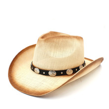 Chapéu de caubói com tira de couro, chapéu de palha da moda com pulseira de couro para senhoras, papai, sombrero masculino e feminino, tamanho 58cm 2024 - compre barato