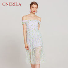 ONERILA Sexy Backless Short Sleeve Off Shoulder Slash Neck Embroidery Blue Floral Dresses Women Elegant Midi Mesh Dress 2018 New 2024 - buy cheap