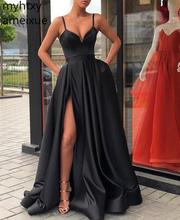 Musulmán negro de talla grande vestidos de noche traje barato 2021 línea espaguetis correas Sexy Islámico de Dubai Arabia Saudí elegante 2024 - compra barato