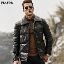 FLAVOR Men's Duck Down Leather Jacket Men Lambskin Genuine Leather Jacket Winter Warm Down Coat with Removable Sheep Fur Collar 2024 - buy cheap