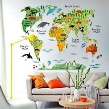 colorful animal world map wall stickers for kids rooms living room home decor cartoon pvc wall decals diy mural art art poster 2024 - buy cheap