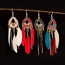 2019 Ethnic Multicolor Long Feather Earrings For Women Handmade Gypsy Jhumka Jhumki Chain Beads Indian Earrings Oorbellen 2024 - buy cheap