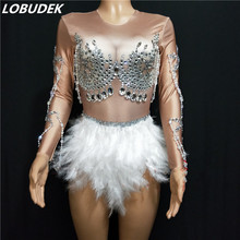 Nightclub DJ Female Dancer Costume Crystals White Feathers Bodysuit Big Stretch Leotard Sexy Pole Dancing Party Show Stage Wear 2024 - buy cheap