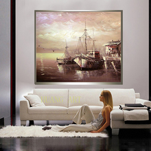 Artesanal de qualidade paisagem praia vela céu azul barco dourado pier cena pintura a óleo pintura decorativa o lobby do sofá 2024 - compre barato