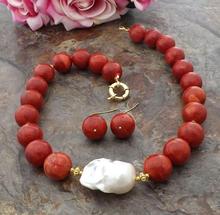 Belo 14 mm vermelho coral branco keshi colar de pérola brincos conjunto 18" 2024 - compre barato