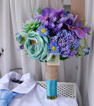 Искусственный цветок ручной работы Свадебный цветок букет невесты Винтаж деревенский синий зеленый Роза 2024 - купить недорого