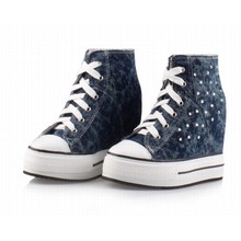 new fashion denim canvas high top lace up wedge heels height increasing casual shoes rhinestone thick bottom high platform boots 2024 - buy cheap