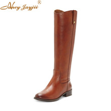 Cowgirl marrón invierno Botas Largas damas rodilla-Alto zapatos de mujer de tacón bajo sólido punta redonda básica madura moda Nancyjayjii ocio 2024 - compra barato