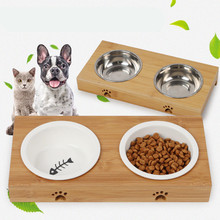 Hot Sale Dog Feeders Bowl Elevated Dog Cat Bowl Bamboo Tableware Ceramic and Stainless Steel Double Mouth Pet Feeder 2024 - buy cheap