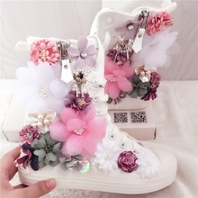 Sweet Flowers Women Canvas Shoes Flat Shoes High Top Manual 2019 New Side Zipper Rhinestone Flowers Ladies Canvas Shoes Pearl 2024 - buy cheap