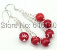 8mm Red Coral Beads Silver Link Hook Dangle Earrings 2024 - buy cheap