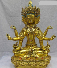 Bi002218 32 "grande estátua de buda kwan-yin, 4 pontas e oito braços dourados em bronze tibetano 2024 - compre barato