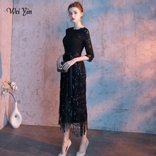 Wei yin-Vestidos de Noche elegantes de sirena, Media mangas largas de encaje, longitud del té, baratos, negros, WY1637, 2021 2024 - compra barato