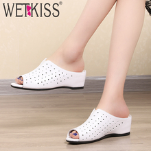 WETKISS Cow Leather Wedges Slippers 2019 New Women Slides Shoes Female Summer Mules Shoes Cut Out Insert Shoes Ladies White 2024 - buy cheap