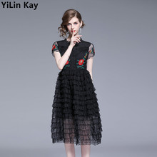 2019 Flower Mesh Embroidery Lace Dress Women Spring Summer Luxury Runway Gauze patchwork layer cake dress 2024 - buy cheap