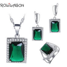 ROLILASON Surprise wedding gift For girl Green Zircon Square Design  silver plated Earrings Necklace Rings Jewelry Sets JS754 2024 - buy cheap