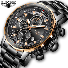 Часы LIGE Мужские кварцевые с хронографом, роскошные повседневные спортивные водонепроницаемые, из нержавеющей стали, с большим циферблатом 2024 - купить недорого
