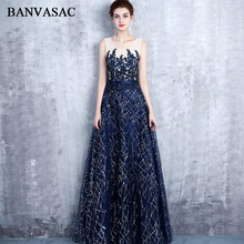 BANVASAC 2018 Crystal Scoop Neck A Line Sequined Appliques Long Evening Dresses Party Lace Sash Backless Prom Gowns 2024 - buy cheap