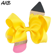 AHB 4.5" Back to School Solid Hair Bows for Girls Pencil Print Ribbons Barrettes Hair Clips Students Hairgrips Hair Accessories 2024 - buy cheap