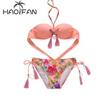 HAOFAN-Bikini de encaje con estampado floral para mujer, traje de baño femenino de realce, bañador con tirantes para playa, Bikini brasileño, 2018 2024 - compra barato
