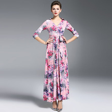 Luxury High Quality 2018  Designer Runway Maxi Dress Spring Women 3/4 sleeve Vintage Floral Printed Long Wrap Dress 2024 - buy cheap