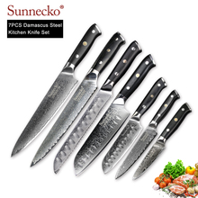 Sunnecko, conjunto de facas de cozinha, 7 peças, chef de pão santoku, utilitárias, facas de cozinha 73 camada, damasco vg10, aço afiado, ferramentas de corte, balde 2024 - compre barato