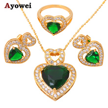 Zircon Heart  gold color Green Crystal Jewelry Sets Earrings Necklace Ring sz #6.5 #7.5 #8.5 Fashion Jewelry JS287A 2024 - buy cheap