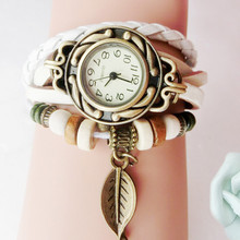 Retro Leather Design Womens  Winding Bracelet Leaf Pendant Watch Quartz Wrist Watches for girl gift reloj mujer #D 2024 - buy cheap