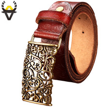 Cinturones de piel auténtica para mujer, cinturón floral Vintage con hebilla, Correa ancha de piel de vaca de segunda capa, 3,2 2024 - compra barato